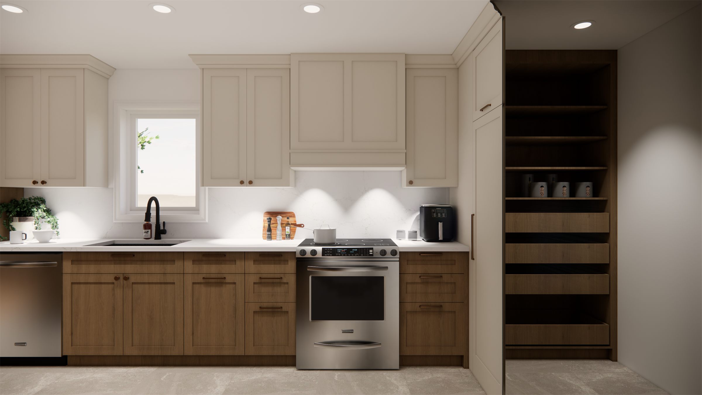 Rendu 3D du garde-manger walk-in dissimulé derrière une porte d'armoire, avec tablettes et tiroirs en bois, cuisine à Québec